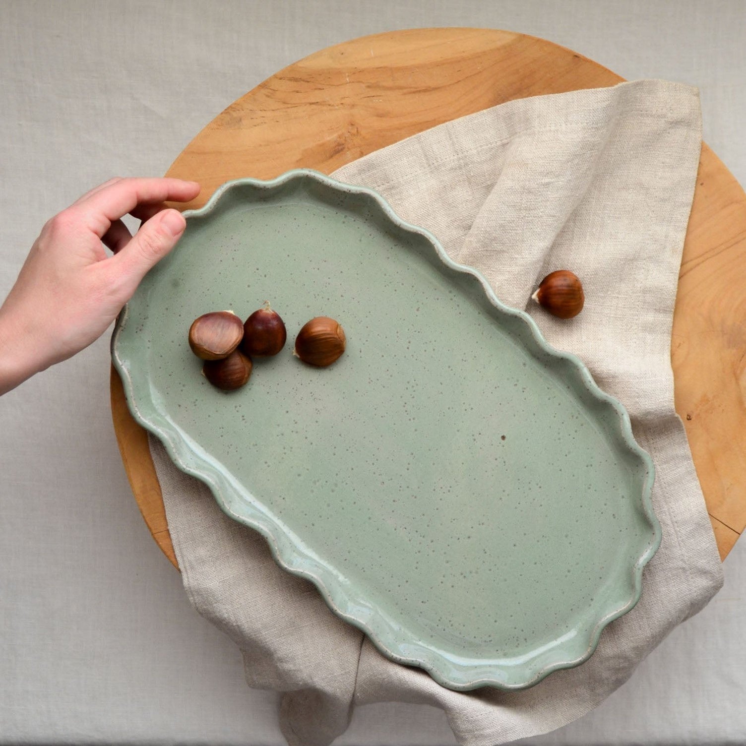 Ruffle Medium Oval Platter - Sage on Natural