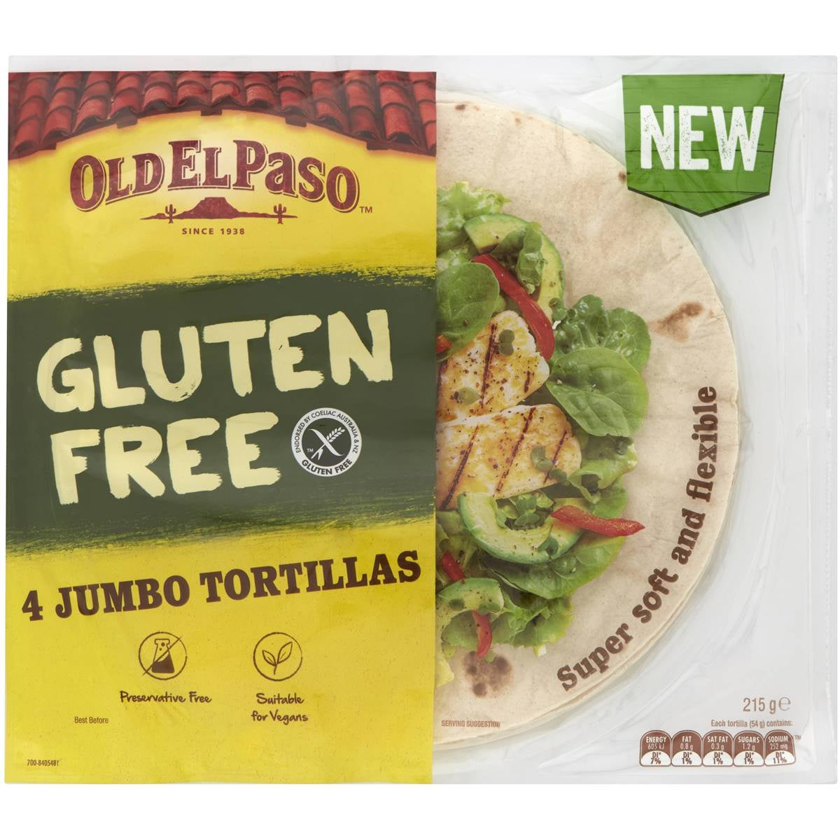Old El Paso Gluten Free Jumbo Tortillas 4pk 215g