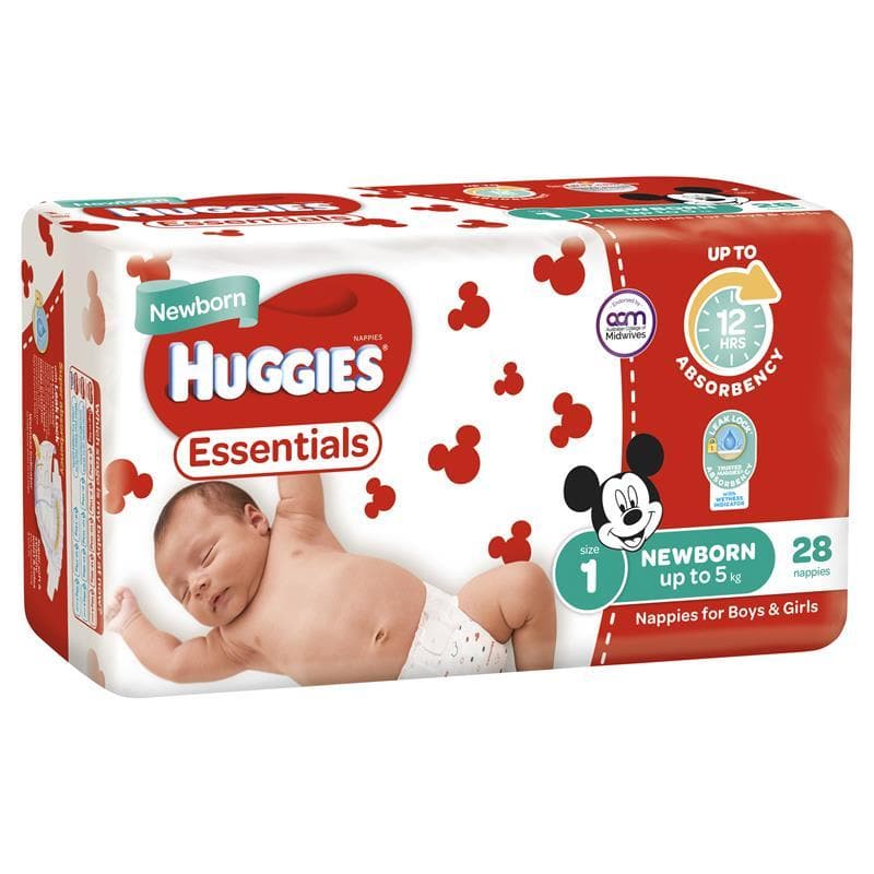 Huggies Essentials Nappies Size 1 Newborn up to 5kg 28pk