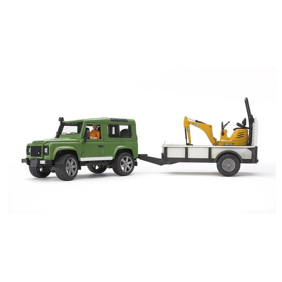 Bruder Construction Land Rover Defender w 1 Axle Trailer & JCB Micro Excavator