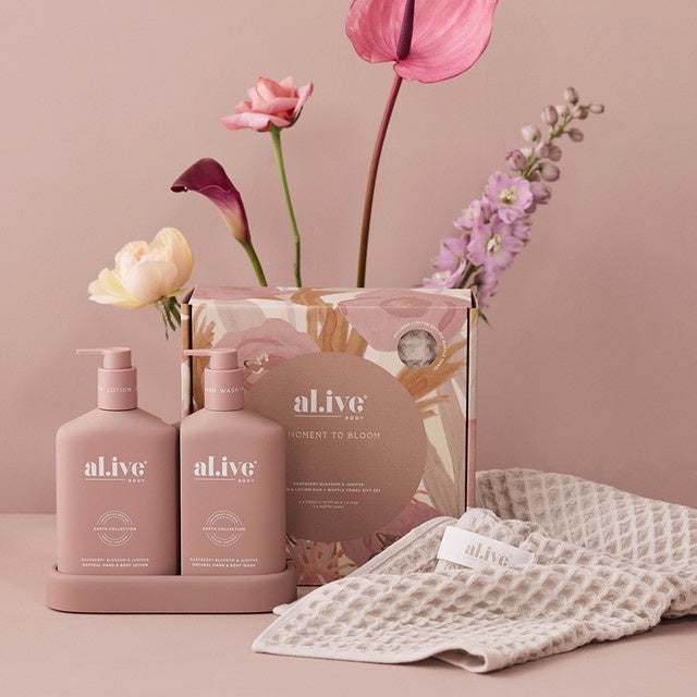 Limited Edition Al.ive BODY Wash & Lotion Duo Waffle Towel Gift Set Raspberry Blossom & Juniper