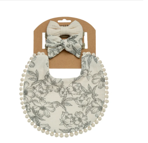 Baby Bib & Bow Set | Cream Floral