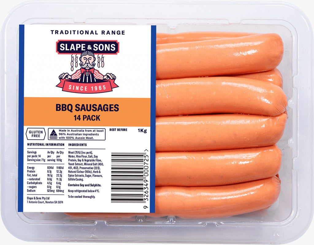 Slape & Sons - BBQ Sausages - 14pk - 1kg *FROZEN*