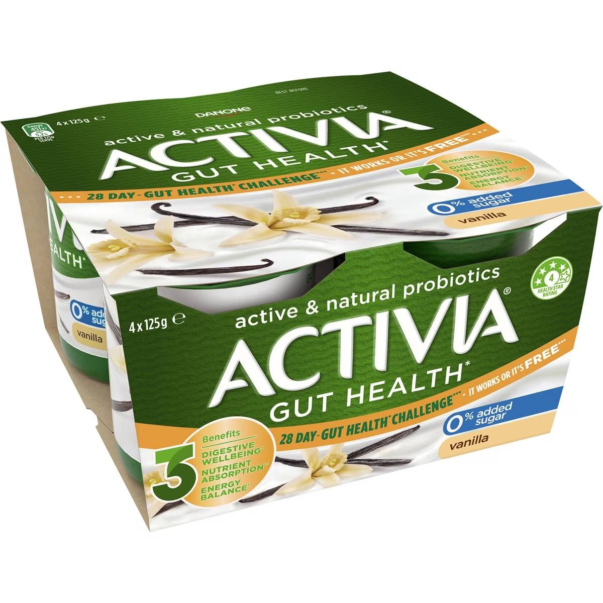 Activia Probiotic Yoghurt Vanilla No Added Sugar 4 x 125g