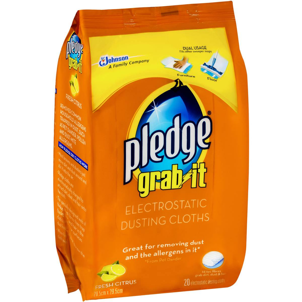 Pledge Grab It Electrostatic Dusting Cloths Fresh Citrus 20pk