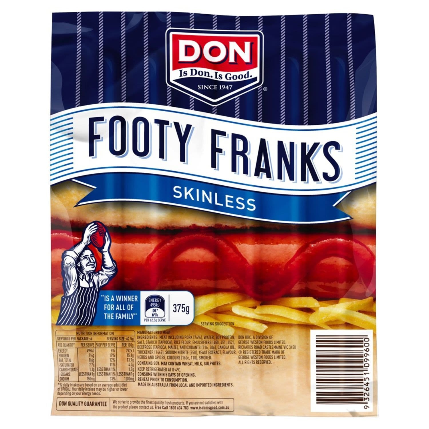 Don Footy Franks Skinless Hot Dogs 375g