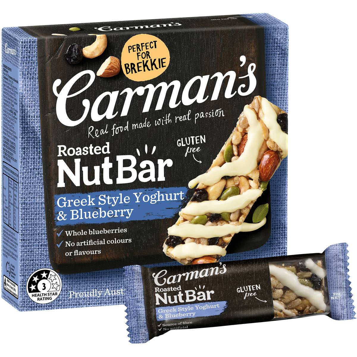 Carmans Roasted Nut Bars Greek Style Yoghurt Blueberry 160g