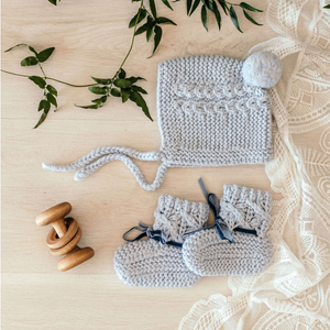 Blue Merino Wool Bonnet and Booties