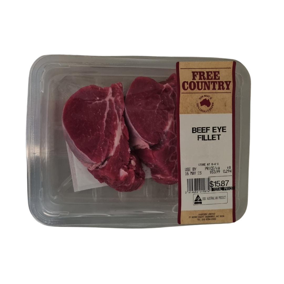 Beef Eye Fillet Steak Free Country p/kg *FROZEN*