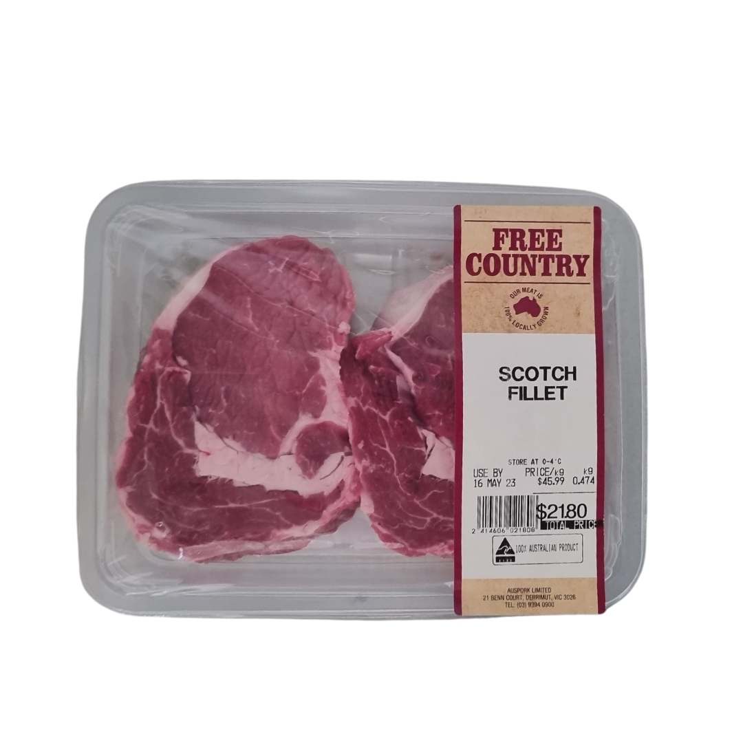 Free Country Beef Scotch Fillet Steak p/kg