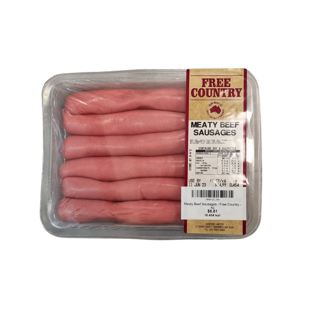 Meaty Beef Sausages Free Country 6 pack