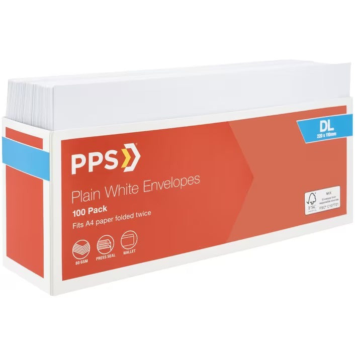 PPS Plainface DL Envelopes White 100pk