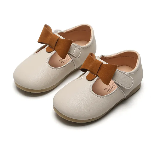 Girls Bow Dress Shoes | Beige Size 22